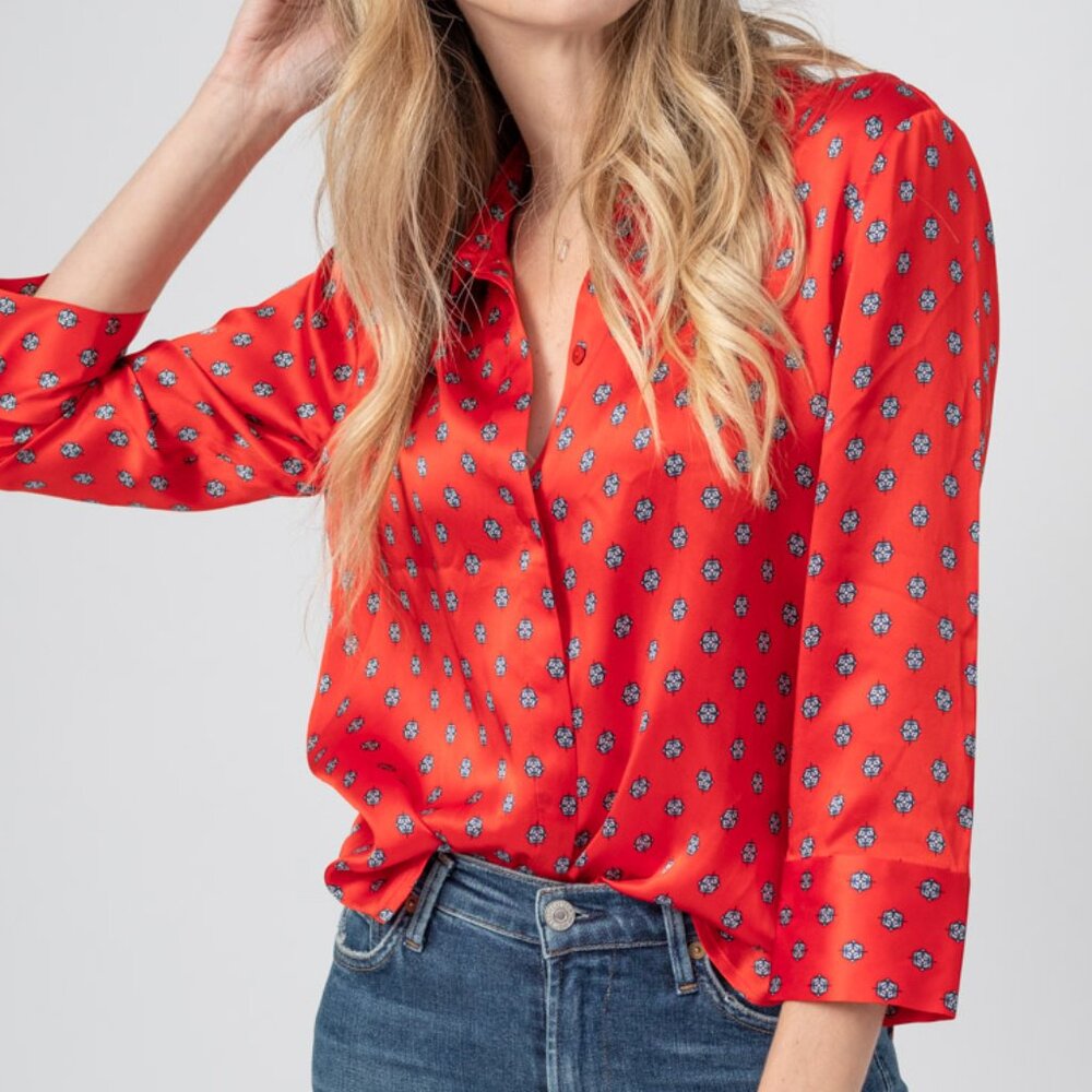 L'AGENCE Silk Jil Blouse in Royal Red Multi Maestro - Picture 3 of 5